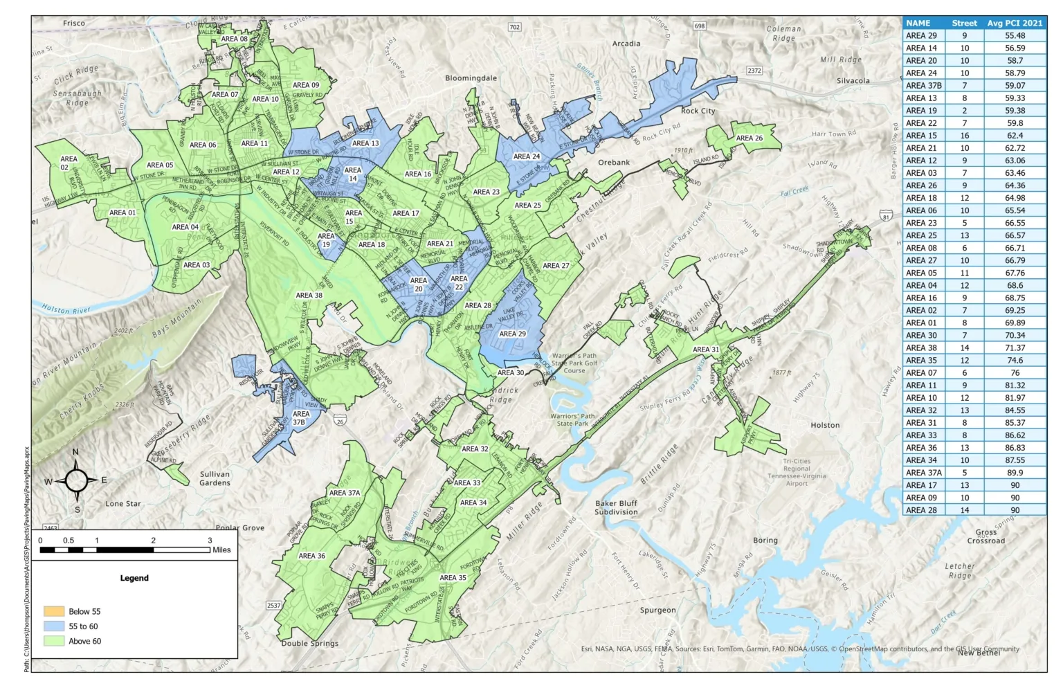 PavingAreaRanking-03252025 city of kingsport map with the paving zones divided by which roads need paving and which roads are good done in march 2025