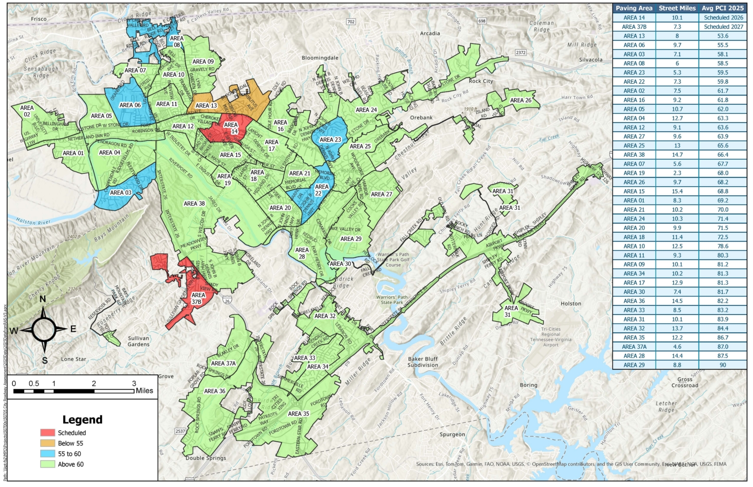 city of kingsport map with the paving zones divided by which roads need paving and which roads are good